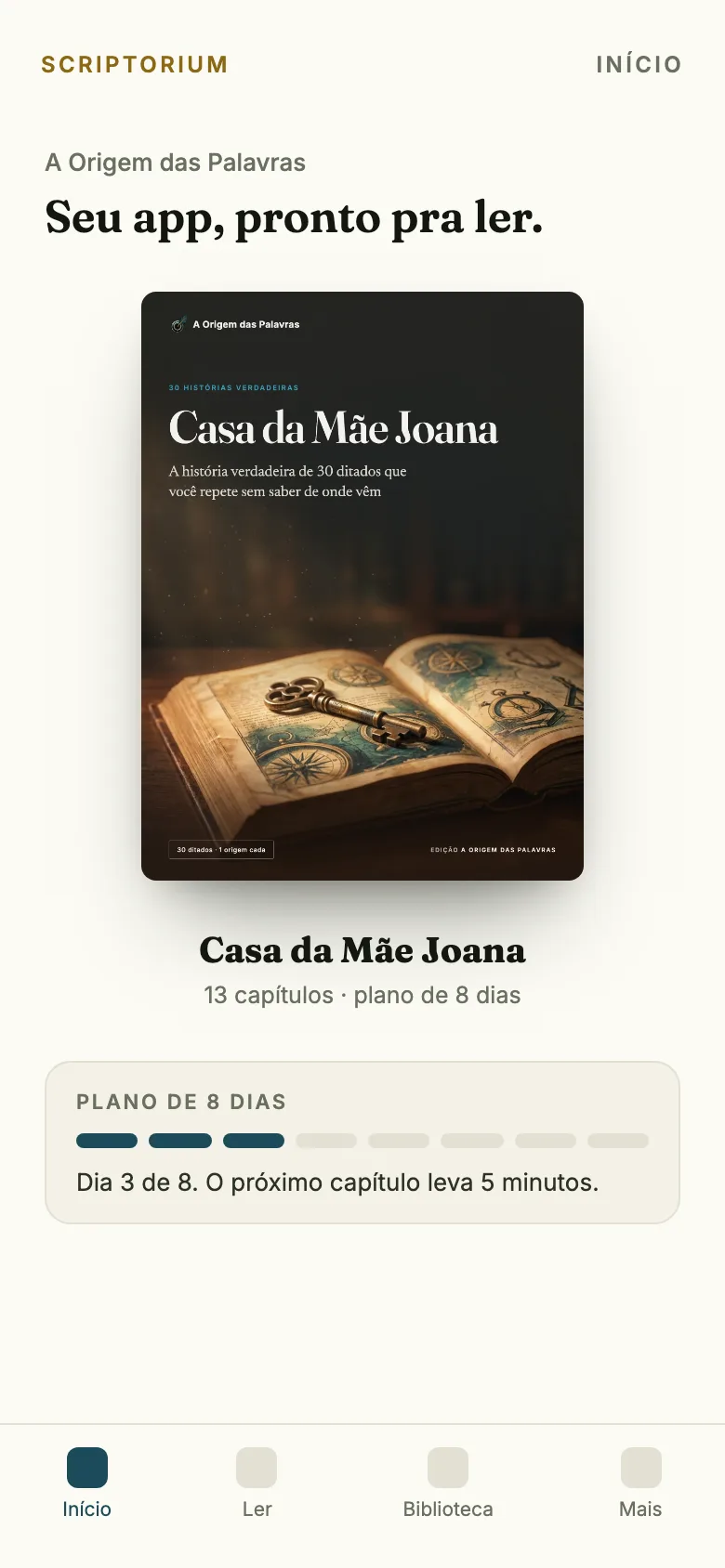 Capa do app: o ebook Casa da Mãe Joana aberto na tela Início, com o plano de 8 dias