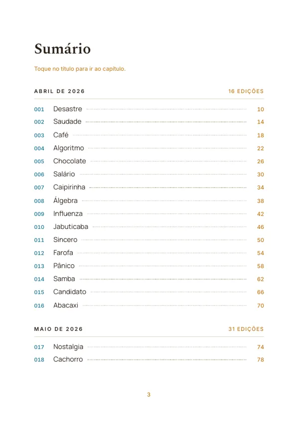 Página do sumário da Coleção completa, edições agrupadas por mês